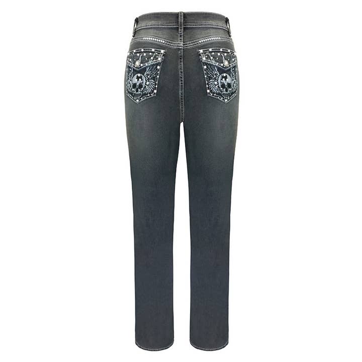 Dark Grey Retro Embroidered Skull High-waisted Jeans for wholesale on Faire