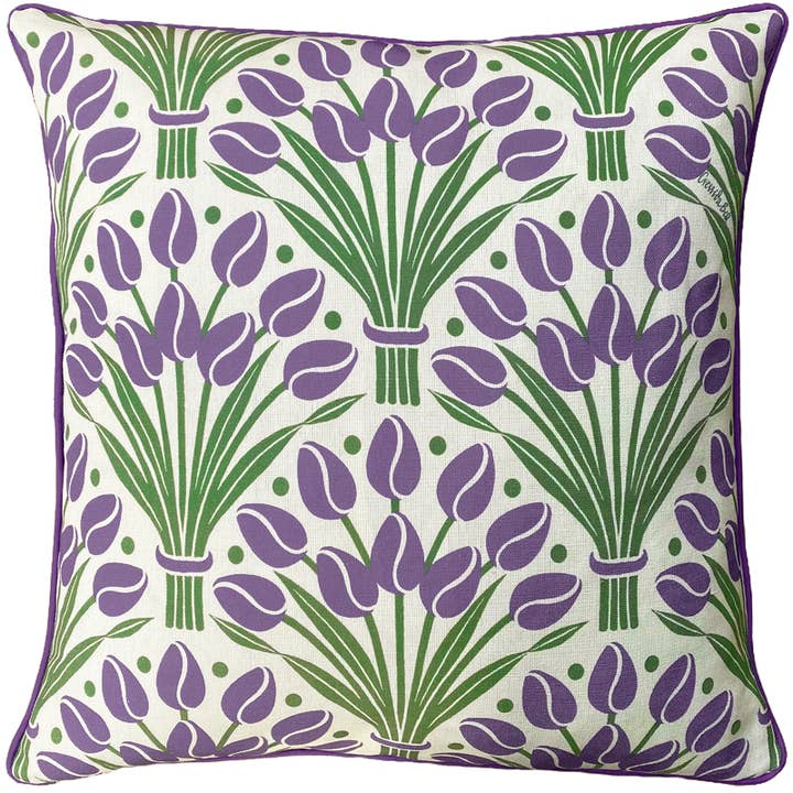 Tulips Cushion Cover with piping - Green Mauve for wholesale by Cressida Bell