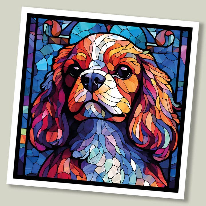 Carte de vœux pour chien « Stained Glass » - King Charles Cavalier pour la vente par Footle Publishing