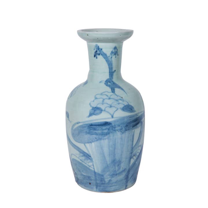Legend Accents - Wholesale Vase - Light Blue Vase Lily Pads Bird Motif