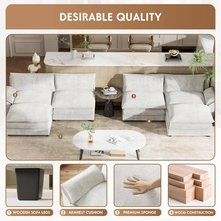 U Shaped Chenille Sectional Sofa Removable Ottoman White for wholesale on Faire5