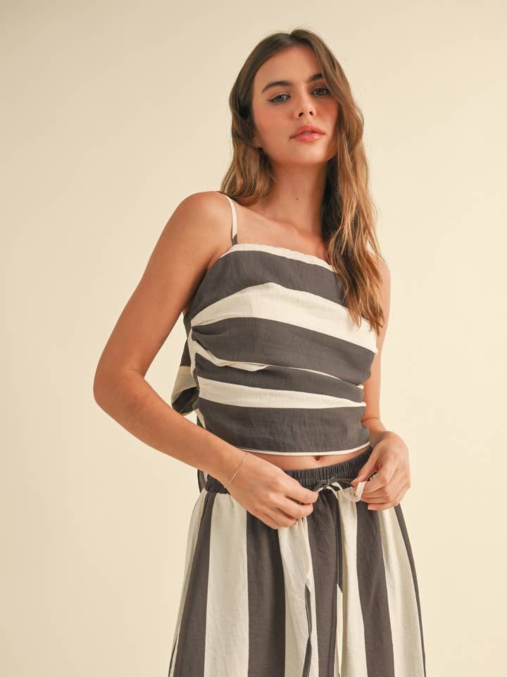 Brown T4523ST WIDE STRIPE PATTERN TIED IN BACK TOP for wholesale on Faire