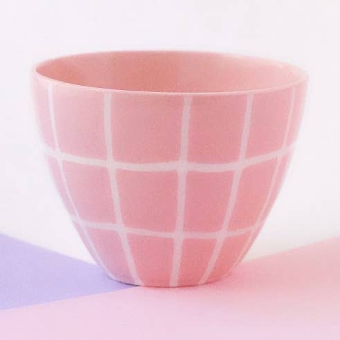 Pink porcelain mug with white grid for wholesale by Textura Ceramics