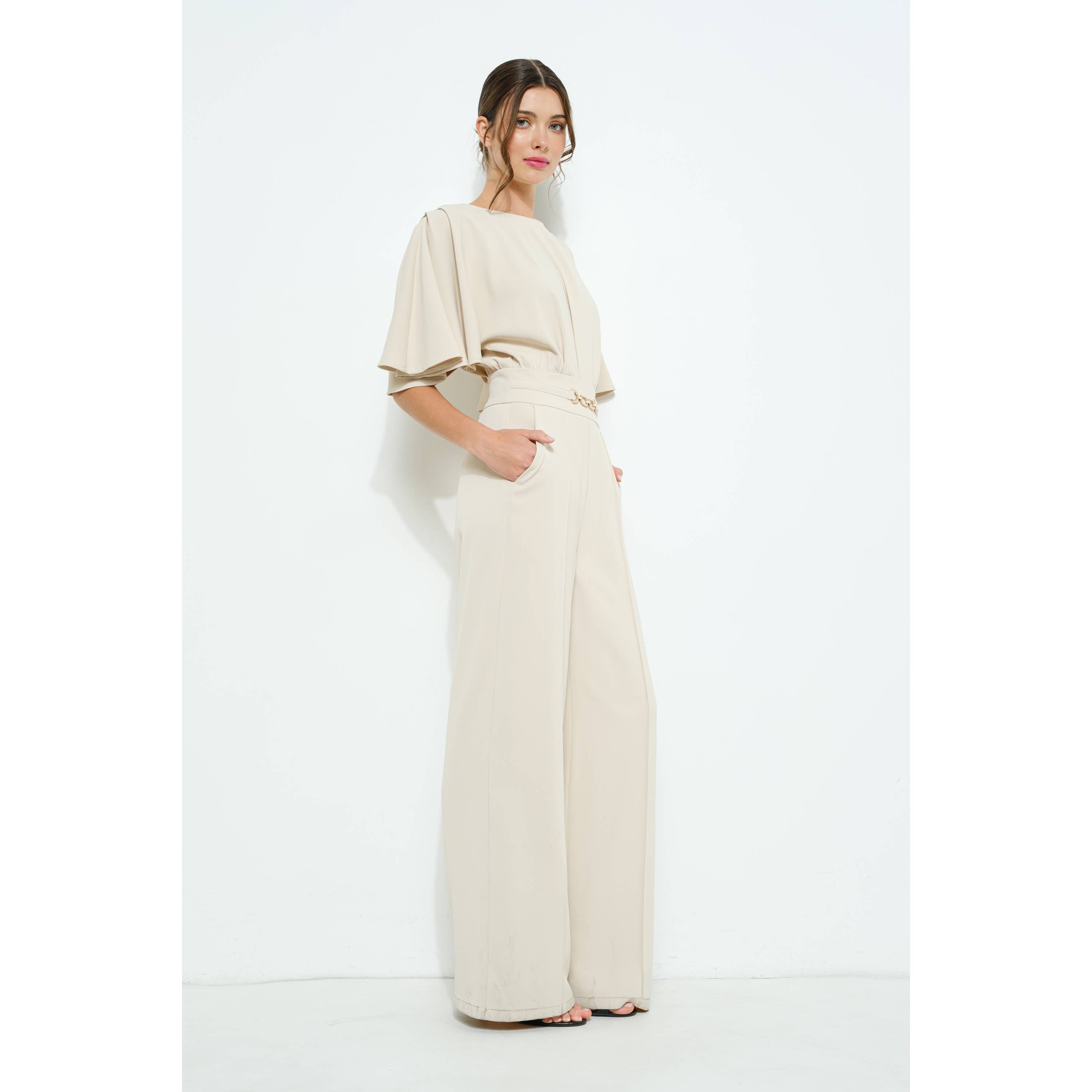 INA - Wholesale Romper - Women's - Flutter Kimino Sleeve Buckle Detail Wide Jumpsuit12