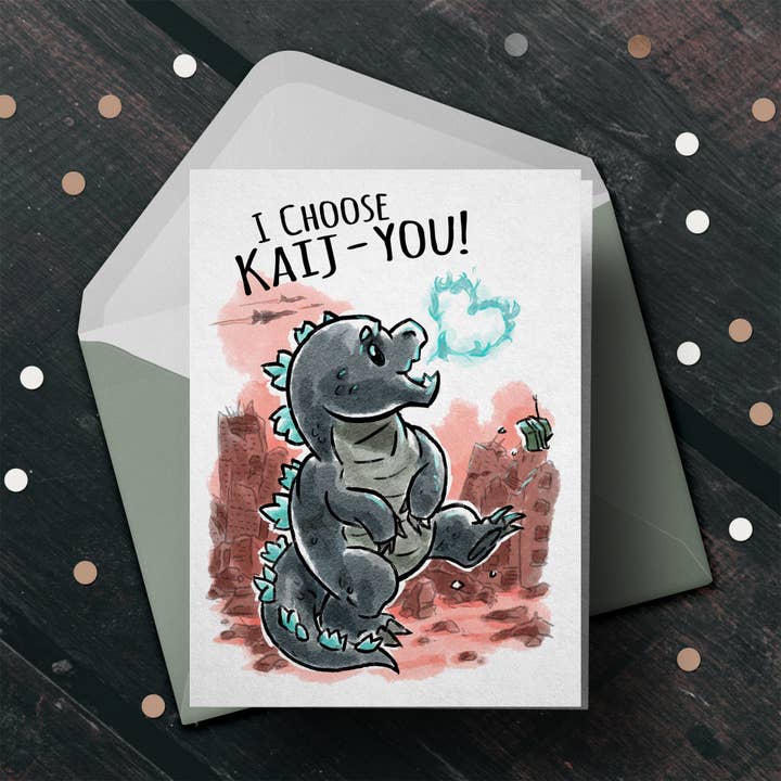 "I Choose Kai-ju" - Monster Valentines Couples Love Card for wholesale by Aaron Millard Illustration