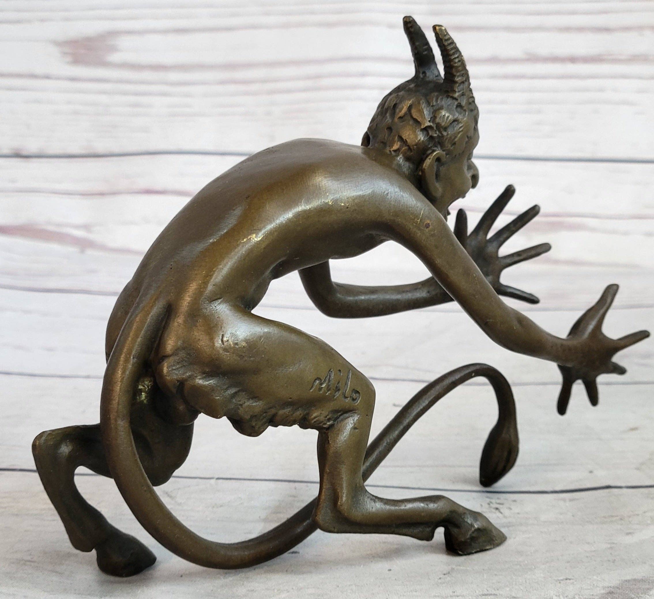 Bronzhaus - Wholesale Sculpture - Greek Satyr Chasing Nymph Bronze Figurine Sculpture Demon Horny Devil Satan 5" x 7"5