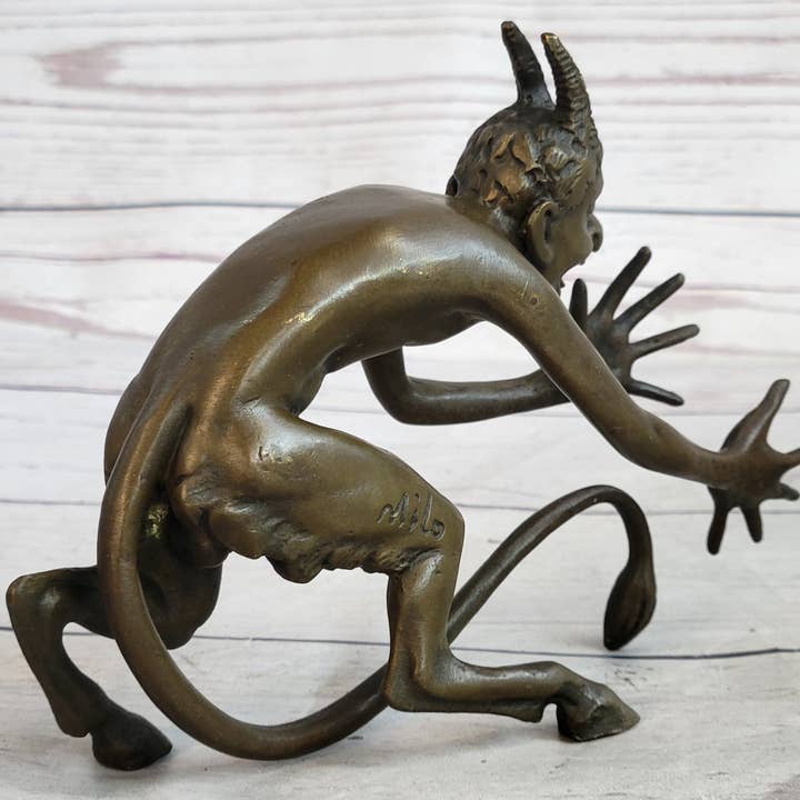 Bronzhaus - Wholesale Sculpture - Greek Satyr Chasing Nymph Bronze Figurine Sculpture Demon Horny Devil Satan 5" x 7"5