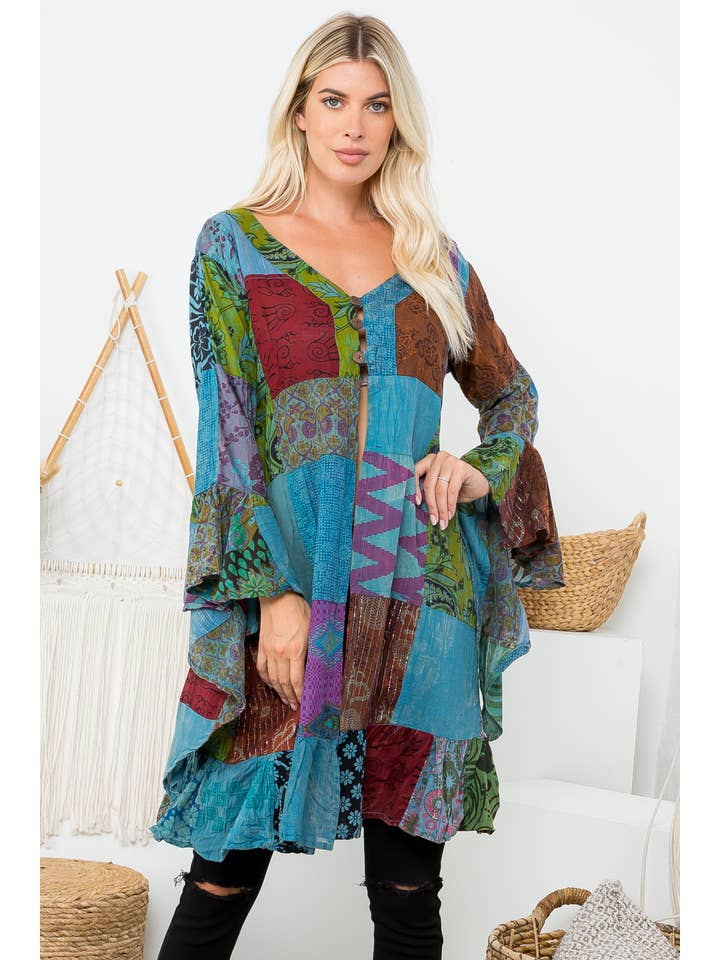 Kathmandu Imports - Wholesale Kimono - Women's - Womens Clothing - Patchwork Ruffle Kimono (KT-1354)
