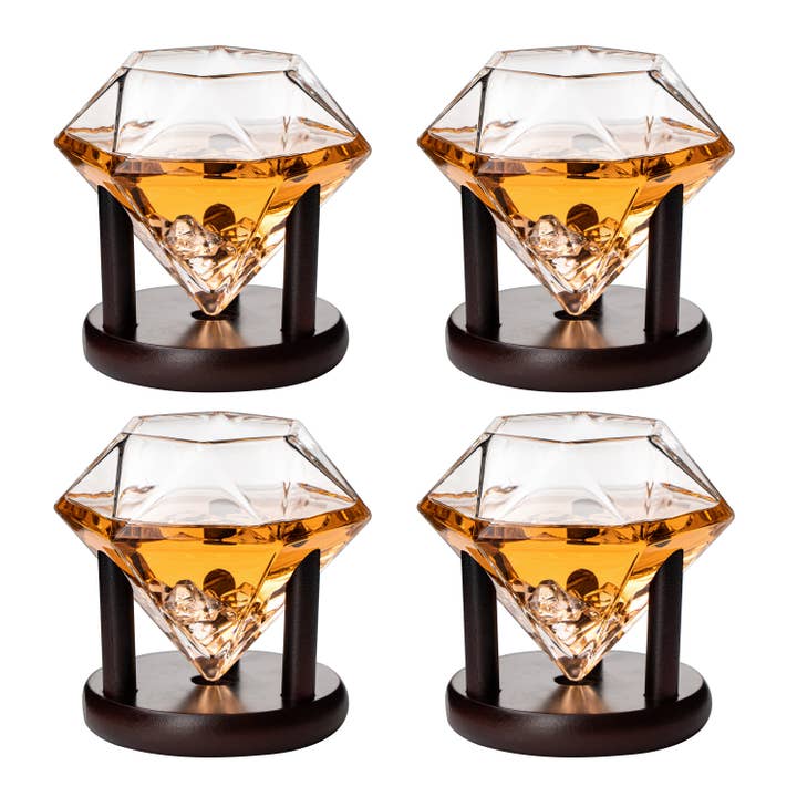The Wine Savant / Khen Glassware - Wholesale Cocktail/Liquor Glass - Set of 4 Diamond Glasses & Wood Stands 10oz