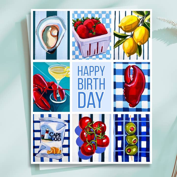 Carte d'anniversaire Icônes Côtières - Homard, Huître, Citrons pour la vente par Laurel Greenfield Art