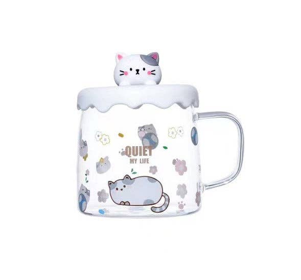 Urban Tokyo - Wholesale Coffee Mug - Gentle Cat 15oz Glass Mug With Lid (12/36)