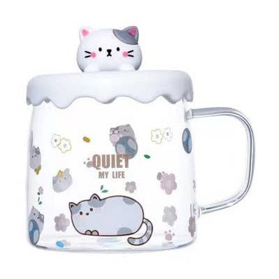 Urban Tokyo - Wholesale Coffee Mug - Gentle Cat 15oz Glass Mug With Lid (12/36)0