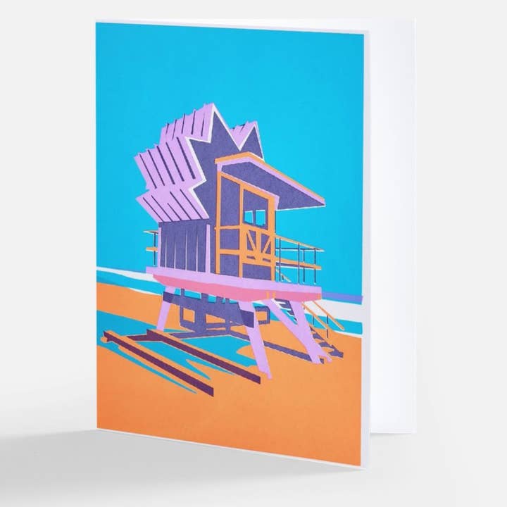 100 Lifeguard Tower Miami Beach Greeting Card Single or box for wholesale by 22nd of Never