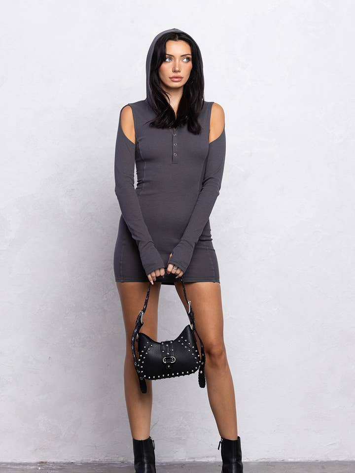 No Vacancy - Wholesale Dress - Women's - Ribbed hoodie mini dress w/ cut out details1
