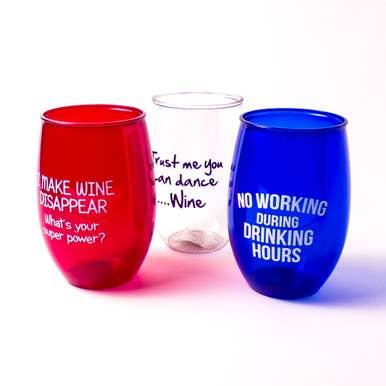 Verres à vin humoristiques en plastique sans pied, assortis, 3 carats pour la vente par Mid America