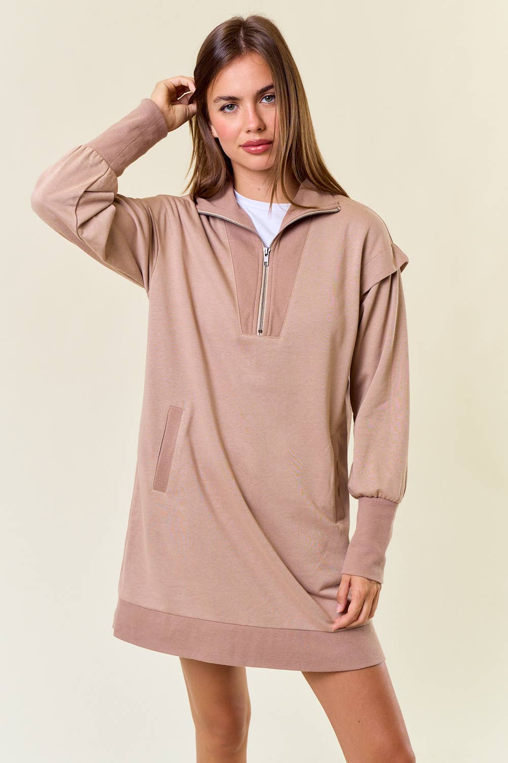 Doe and Rae – wholesale Dress – Women's – French Half Zip-Up Sweatshirt Dress W/ Pockets - 27818D1