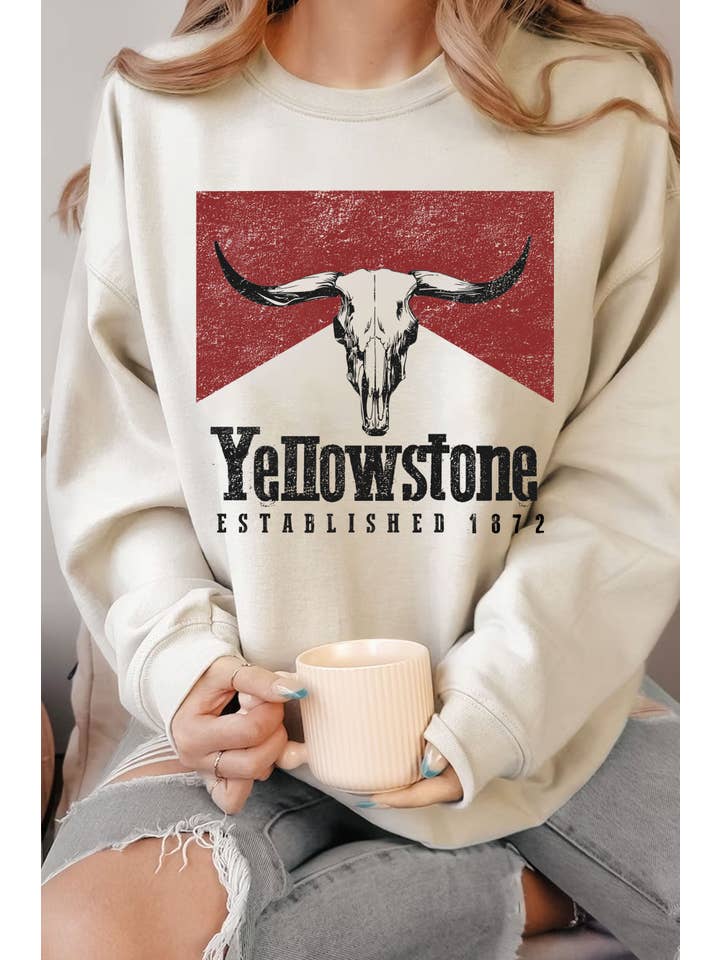 Rustee Clothing - Wholesale Graphic Sweatshirt - Women's - YELLOWSTONE COW SKULL GRAPHIC BRUSHED SWEATSHIRTS