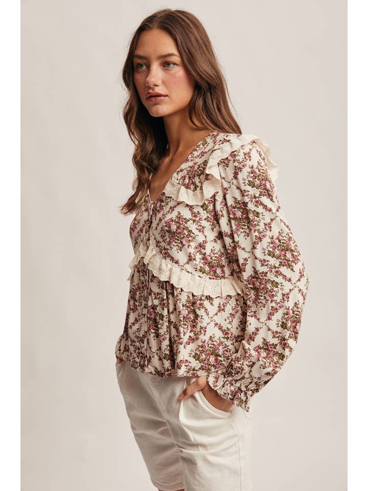 Forte - Wholesale Blouse – Women’s - Eyelet Ruffle Floral Peplum Blouse FT00126