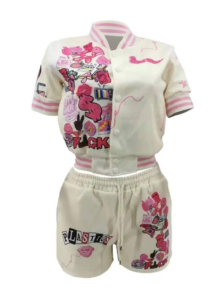 Flarix - Wholesale Top & Short Set (NOT Loungewear) - Women's - letter graphic pattern baseball top shorts set7