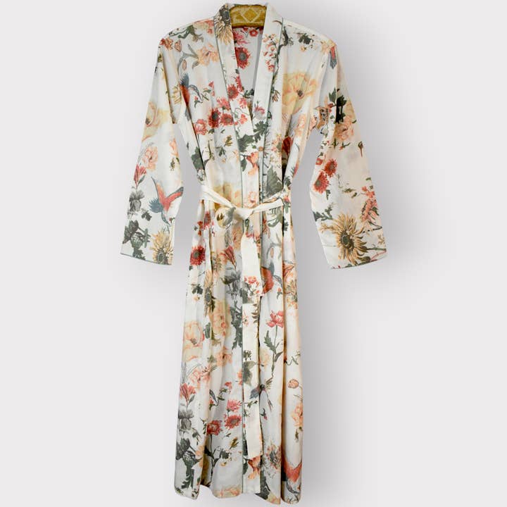 Devi Shop - Wholesale Robe - Women's - Cotton Block Print Robe ~ Blooms White
