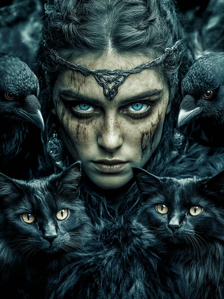 Freya, dea norrena con gatti e corvi - Stampa 20x25 cm per cornice 28x35 cm per la vendita all'ingrosso da parte di Mowbi