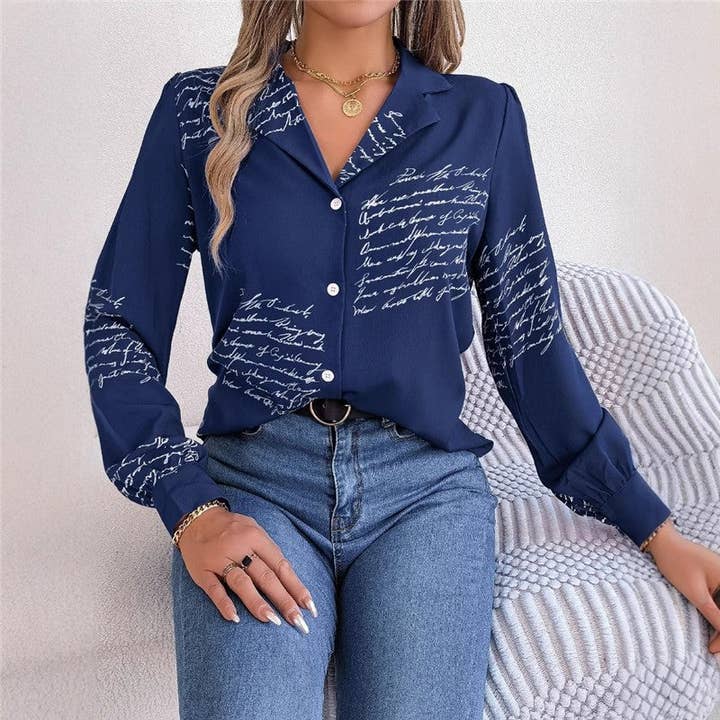 UZ Wholesale Store - Wholesale Button Down Shirt - Women's - Stylish Letter Print Shirt With Suit Collar And Long Sleeves1