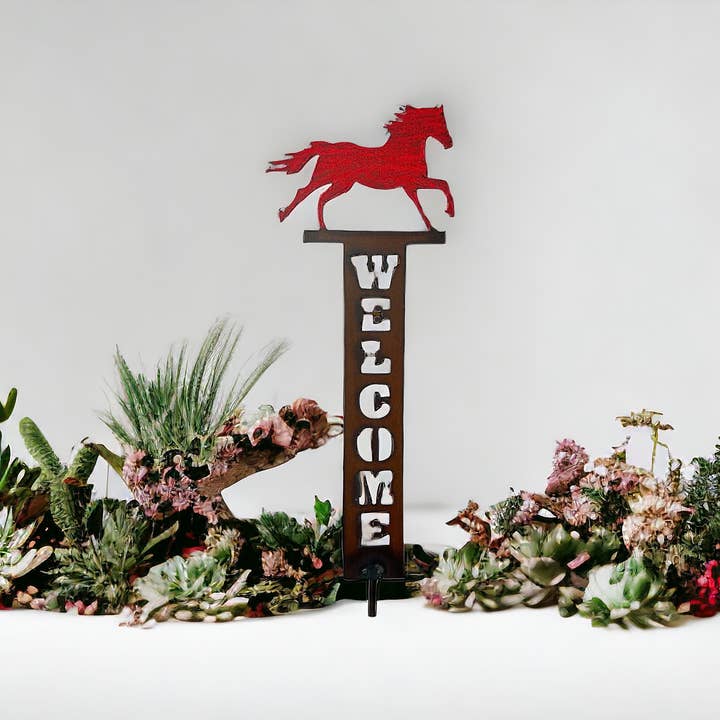 Whimsies – Estaca de jardim/relva por atacado – Cavalo bem-vindo sinal jardim estaca decorações ocidentais Farm eco2