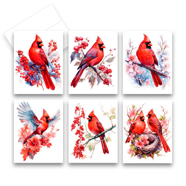 Aria Rae - Wholesale Stationery/Notecard Set - Assorted Cardinal Greeting Cards, Set of 6, Blank Notecards