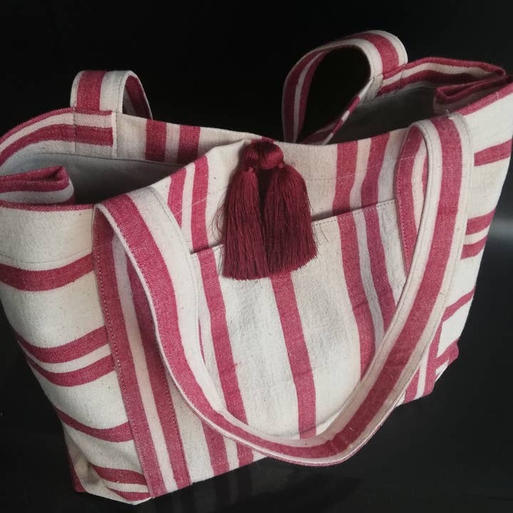 Vintage Linen Bold Burgundy Stripes Bag for wholesale by MIASETA