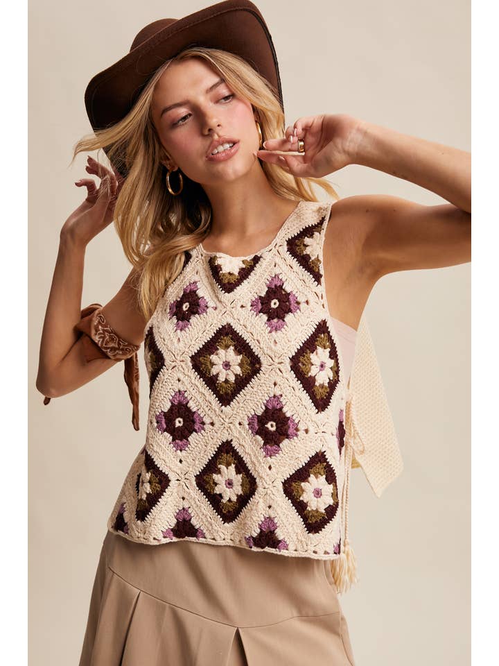 Listicle - Wholesale Sweater Vest - Women's - Crochet Granny Square Tassel Tie Vest LSW100614