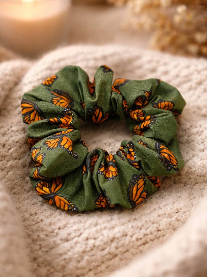 Monarch Butterfly Green Scrunchie - Standard Size for wholesale by Tasha’s Workshop
