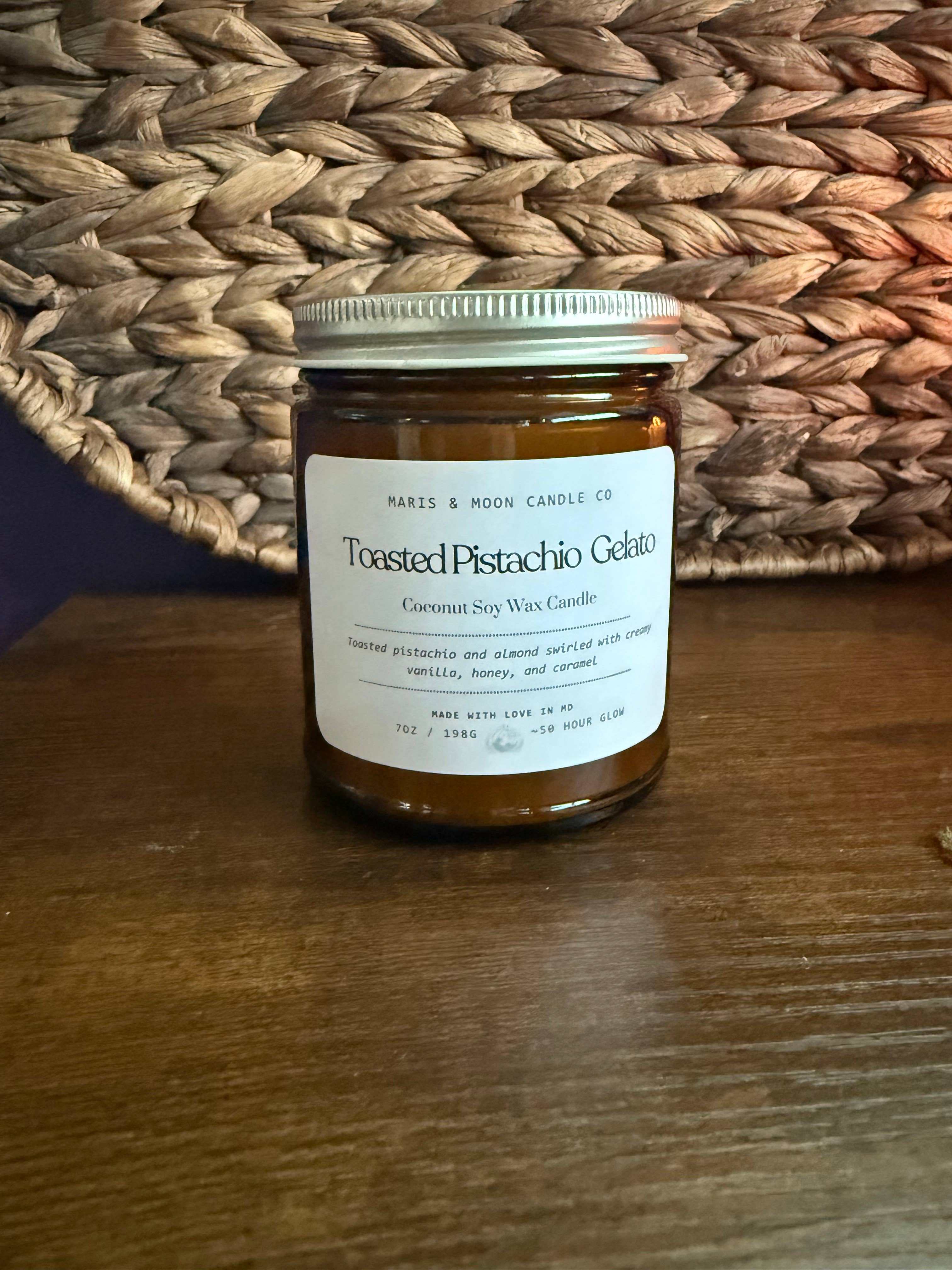 Maris & Moon Candle Co. - Wholesale Jar/Filled Candle - Toasted Pistachio Gelato candle Amber glass Fall4