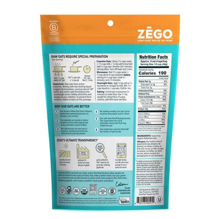 Zego - Wholesale Oats - Organic Gluten-free Double Protein Oats (14 Oz)