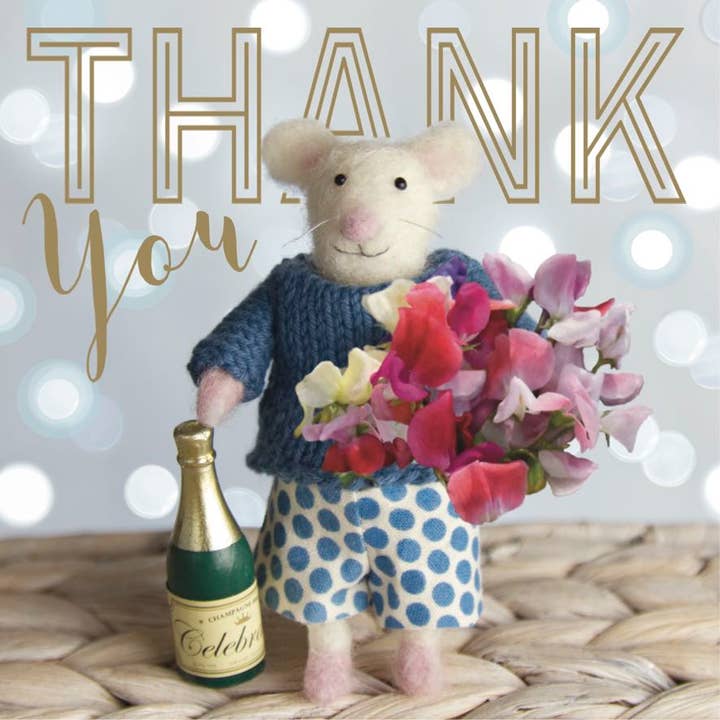 Thank You - Champagne and flowers - Greetings Card for wholesale by Maddy's Mice