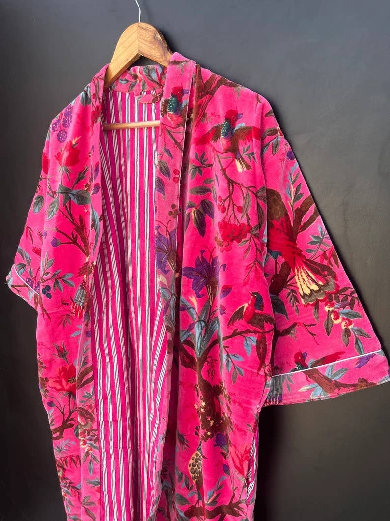 bhavnas boutique - Wholesale Robe - Women's - Morning Tea Velvet Kimono Coat Bird Print Cotton Velvet Robe1