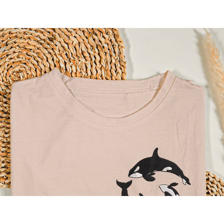Foxemy - Wholesale T-Shirt - Unisex - Orca Embroidered T-shirt Killer Whale Crewneck Ocean Gift