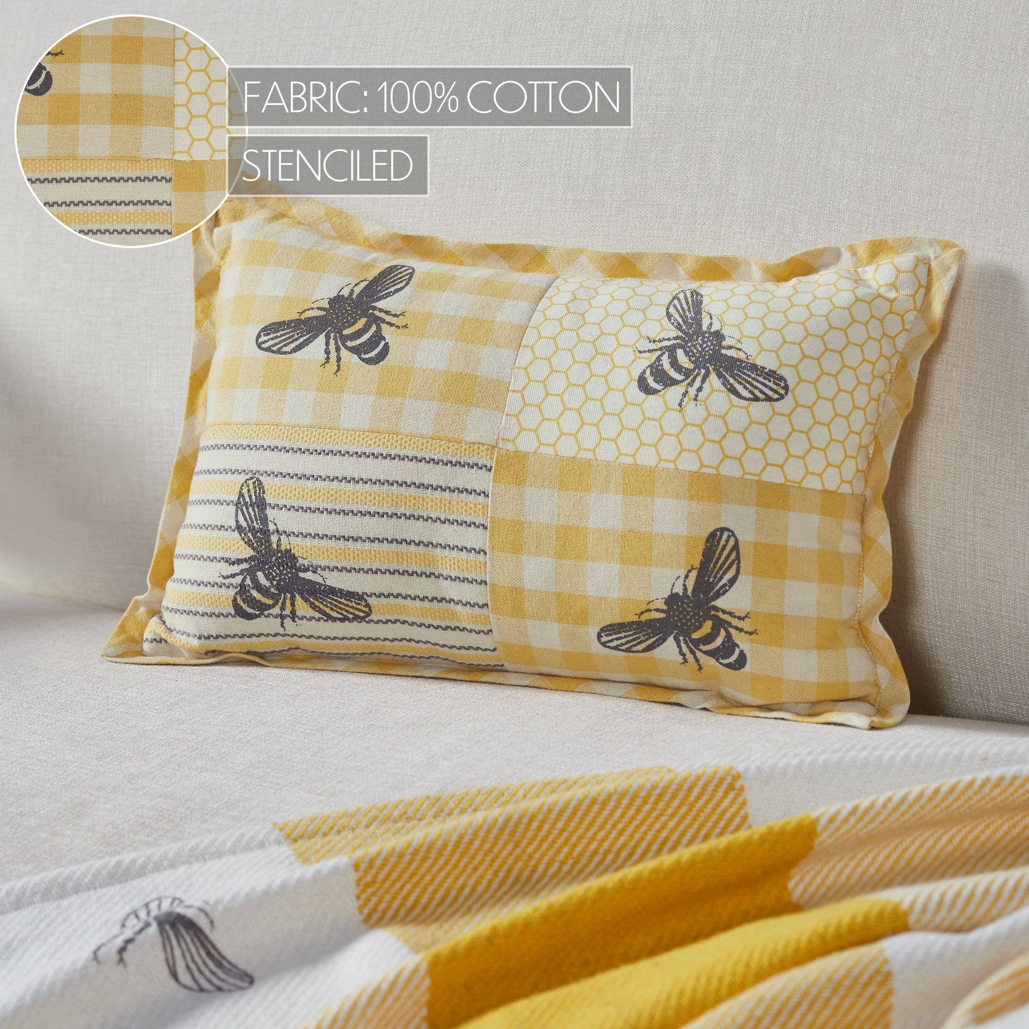 VHC Brands - Wholesale Throw/Decorative Pillow - Buzzy Bees Patchwork Bee Pillow 9.5x144