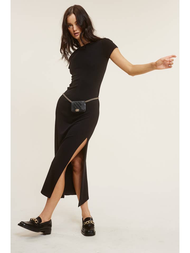 Navy Stretchy Side Slit Detail Short Sleeve Midi Dress for wholesale on Faire4