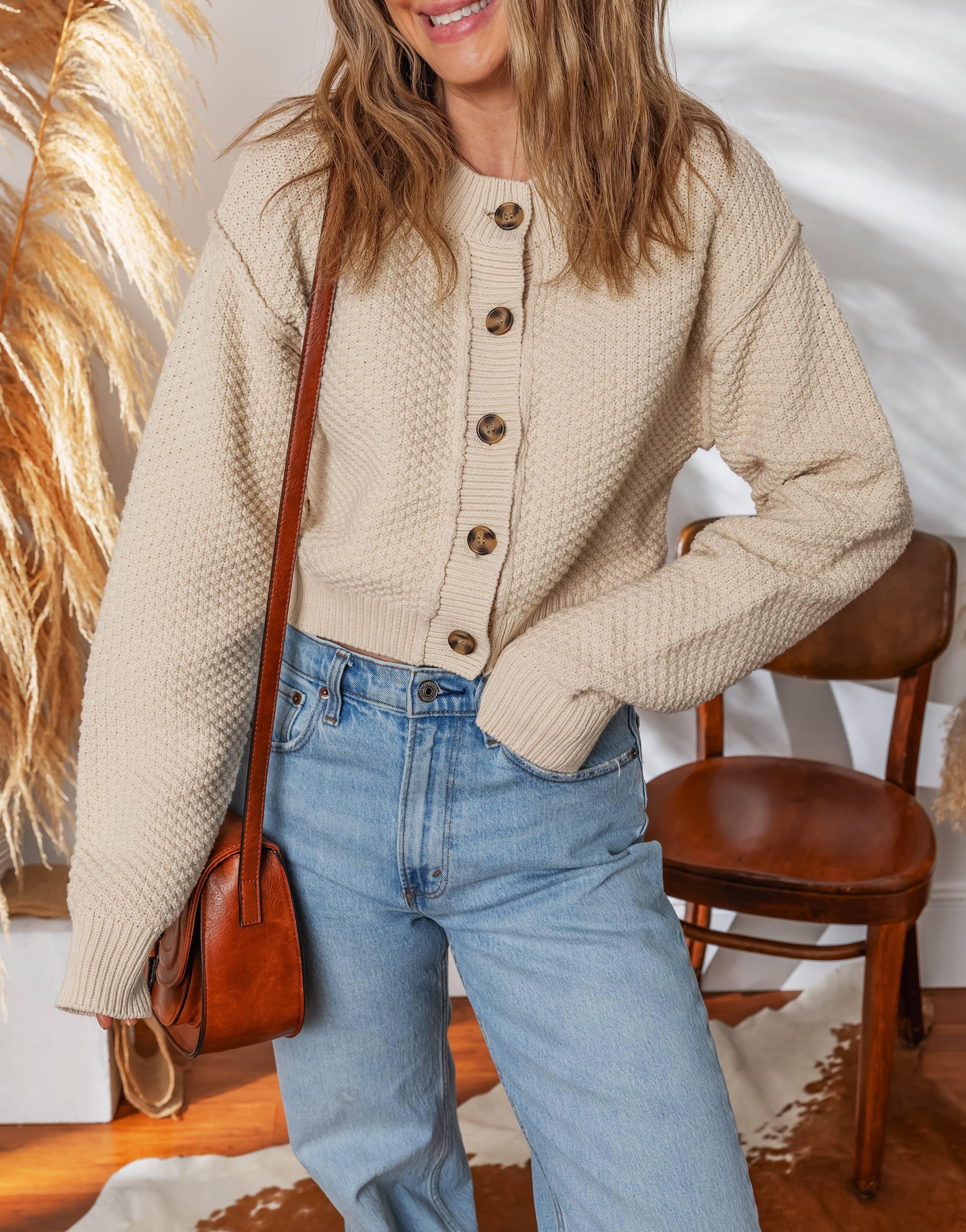 Beige Cardigans à col rond boutonnés décontractés solides LDC en vente sur Faire3