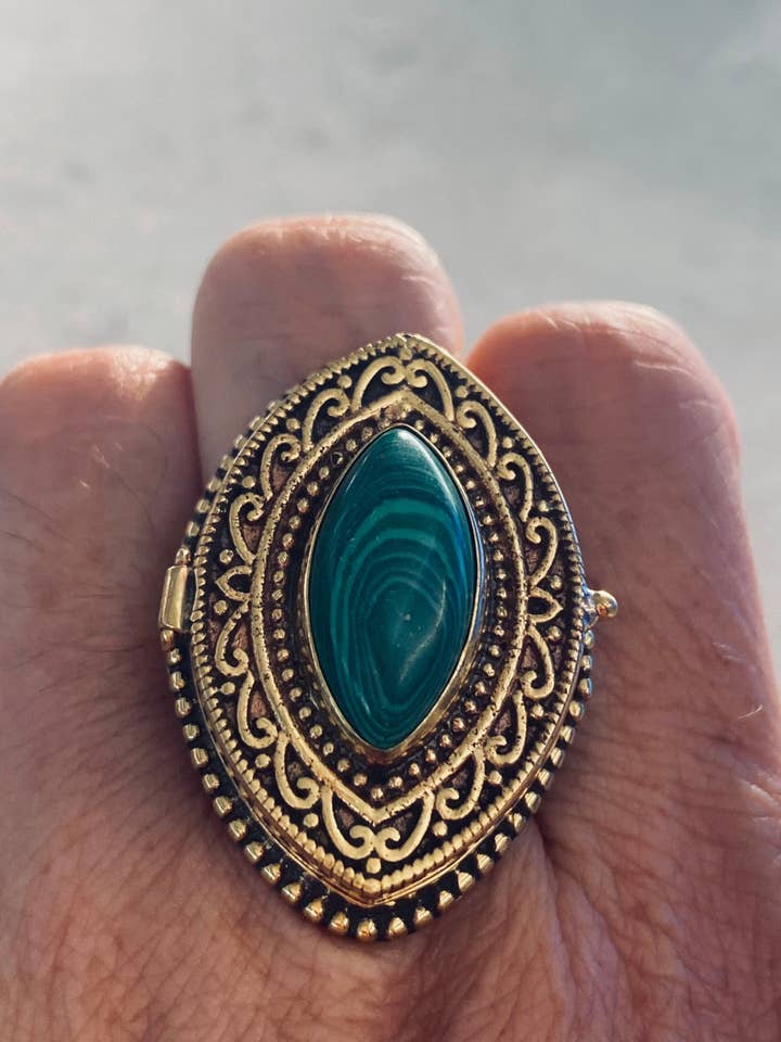 Vintage Green Malachite Brass Poison Pillbox Ring for wholesale by Nemesis Jewelry NYC