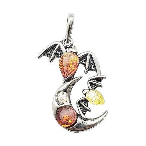 Colgante de Murciélago y Luna de Ámbar Multicolor en Plata de Ley. para venta al por mayor de Amberman