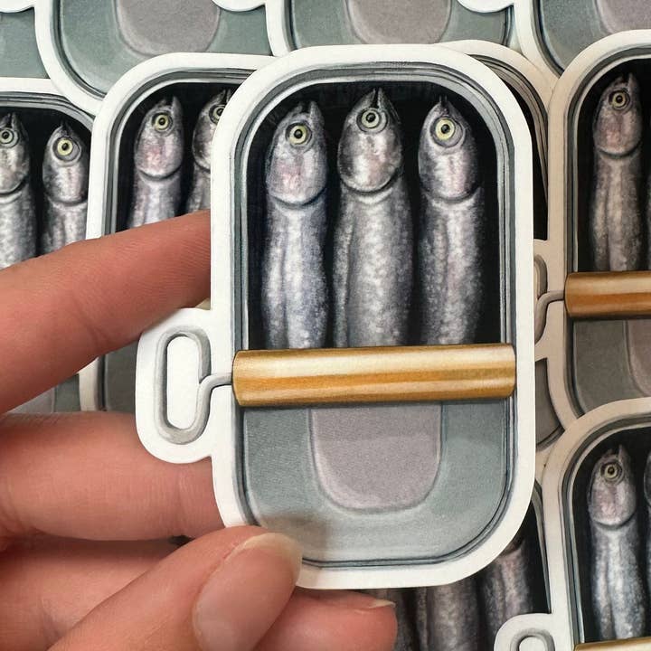 Tinned Fish Sardine Food Themed Vinyl Sticker for wholesale by Katie Tinkler illustration