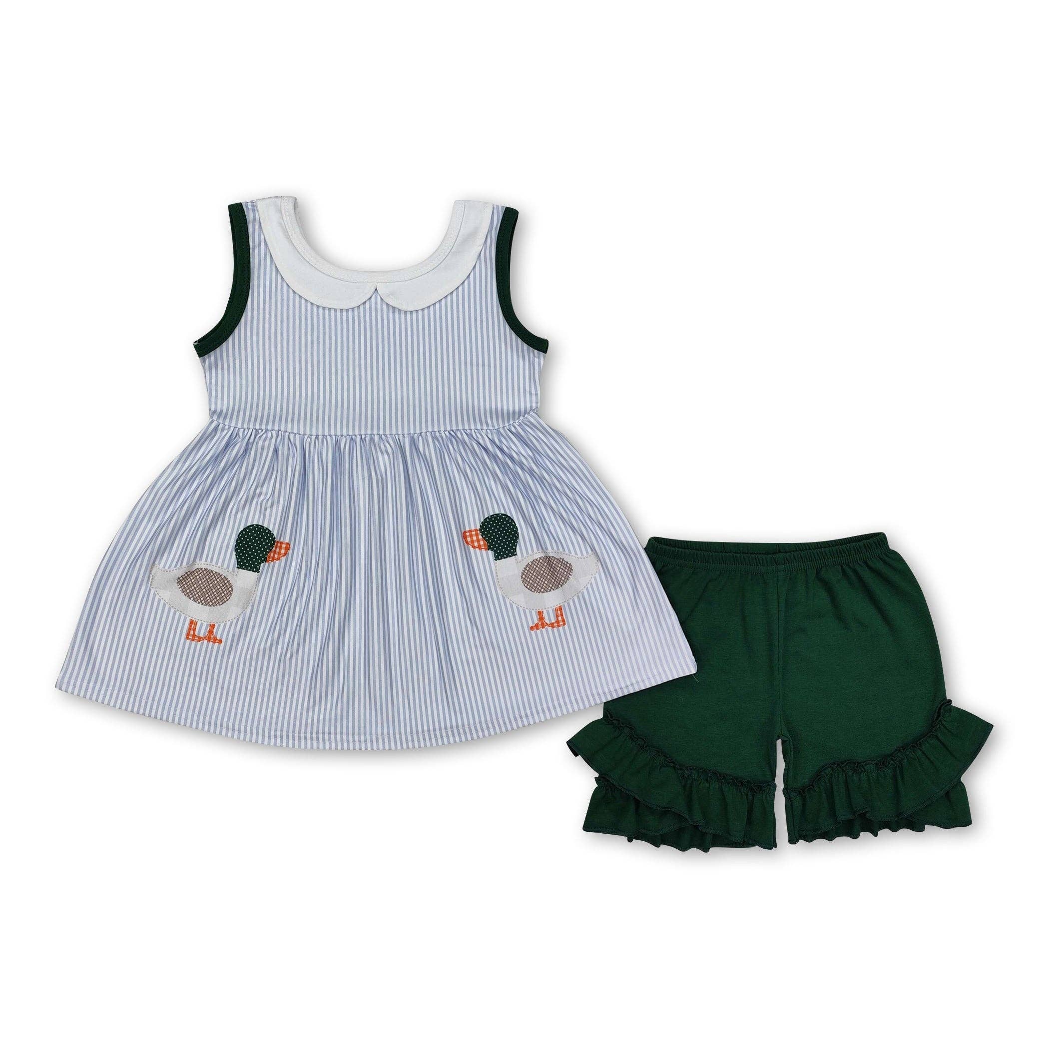 Yawoo Garments - Wholesale Top & Short Set - Kids - Sleeveless stripe duck tunic ruffle shorts girls clothes0