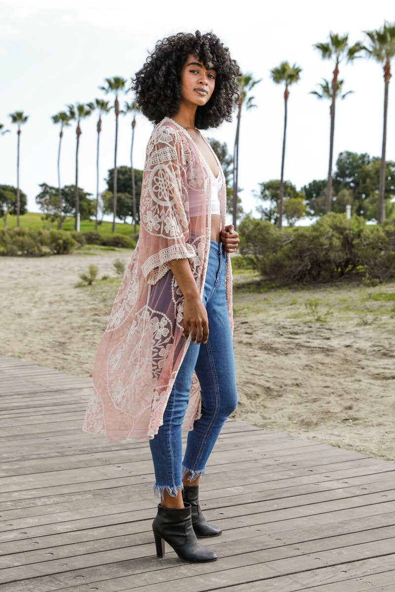 Leto Accessories - Wholesale Kimono - Women's - Contrast Mesh Cotton Lace Longline Kimono 🎀3