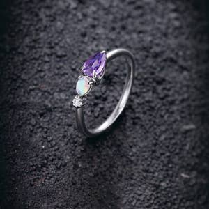 925 sterlingsølv Vintage Naturlig Ametyst Opal og Moissanit Ring for engroshandel hos GEMPARA