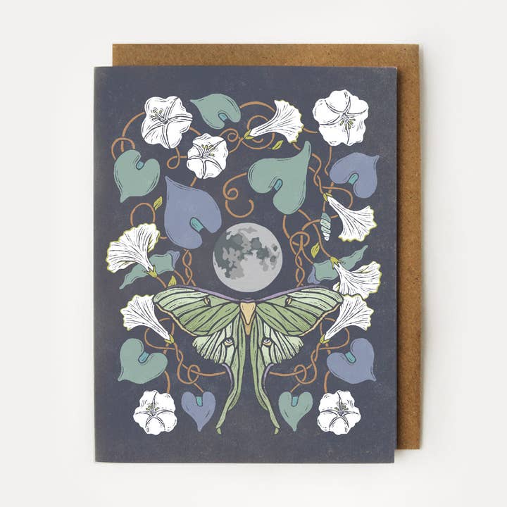 Carte de vœux magique au clair de lune et Moonflower Luna Moth & Moonflower pour la vente par Root & Branch Paper Co.