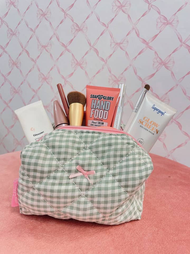 Green Makeup Bag w/Strawberry Print Inside for wholesale by Happy Hour