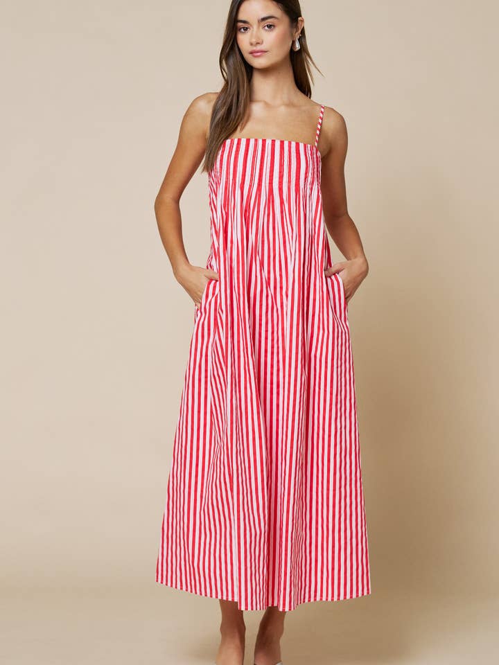 Stripe Print Pleated Spaghetti Straps Maxi Dress for wholesale by Lalavon