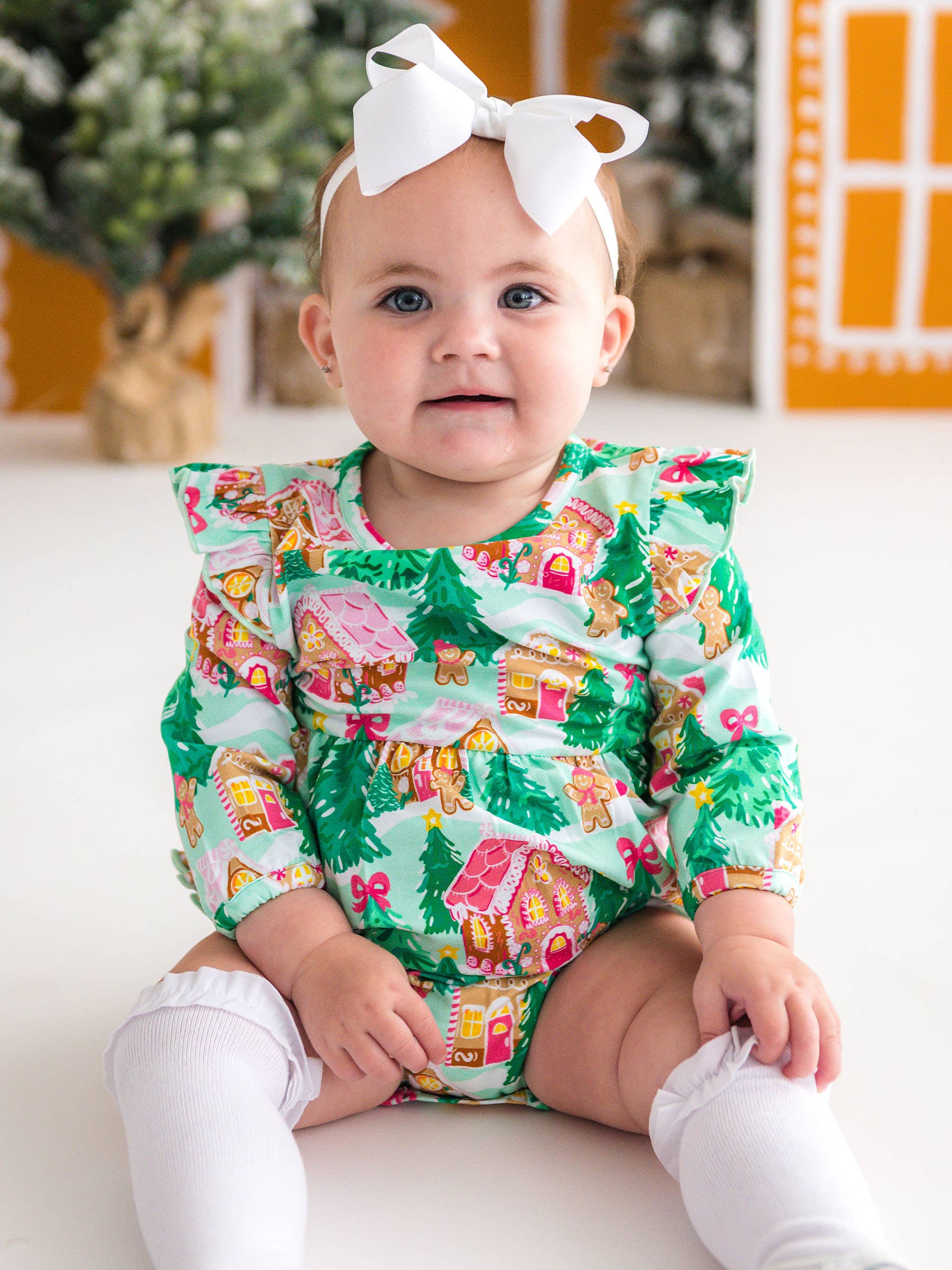 Green Baby Girls Pink Jolly Gingerbread Knit Long Sleeve Flutter Bubble Romper for wholesale on Faire4