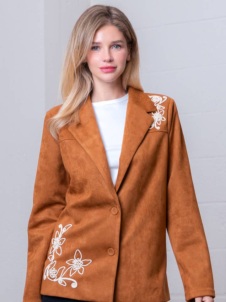 HJ75221T-BLAZER RICAMATO A FIORI CON SCOLLO A V E MANICHE LUNGHE per la vendita all'ingrosso da parte di Taelynn